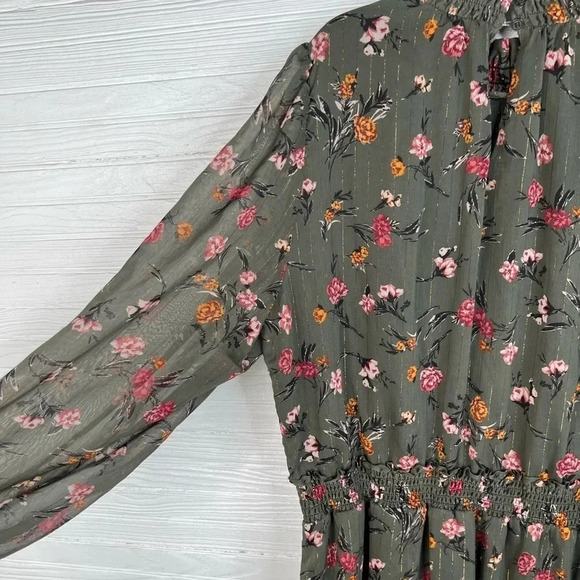 DREW Anthro Green Floral Print Dress Gold Stripes Long Sleeves Smocked Size L - Picture 11 of 16